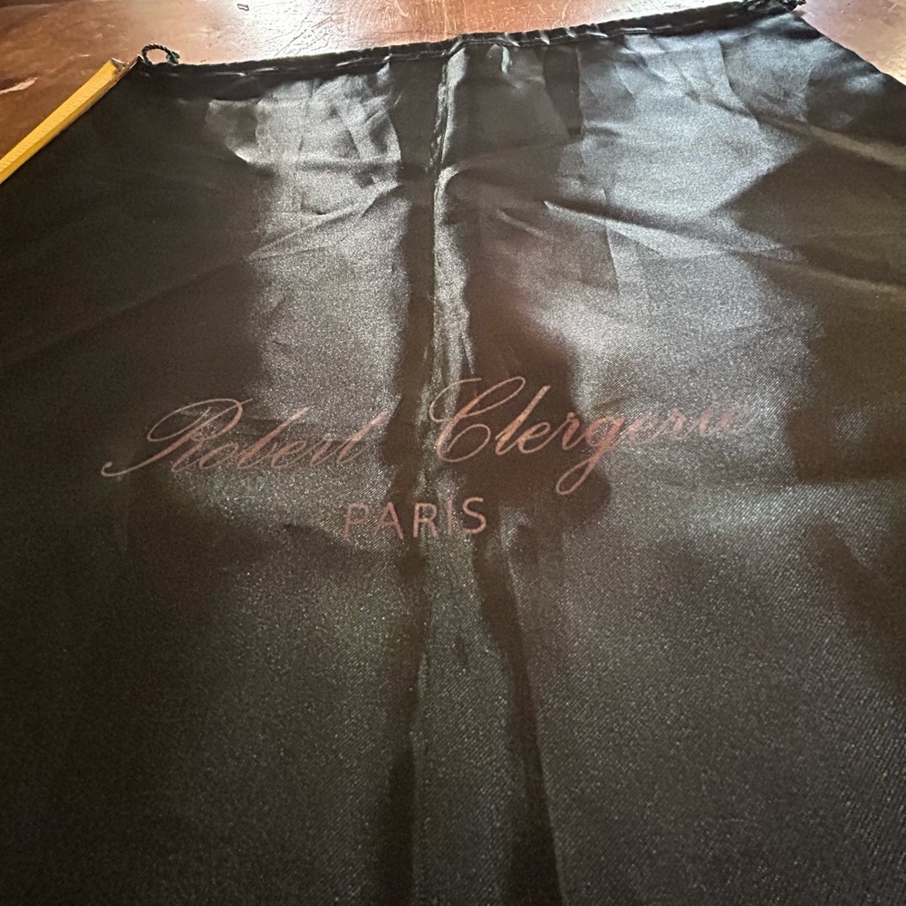 Robert Clergerie Paris dust bag in dark green satin finish.